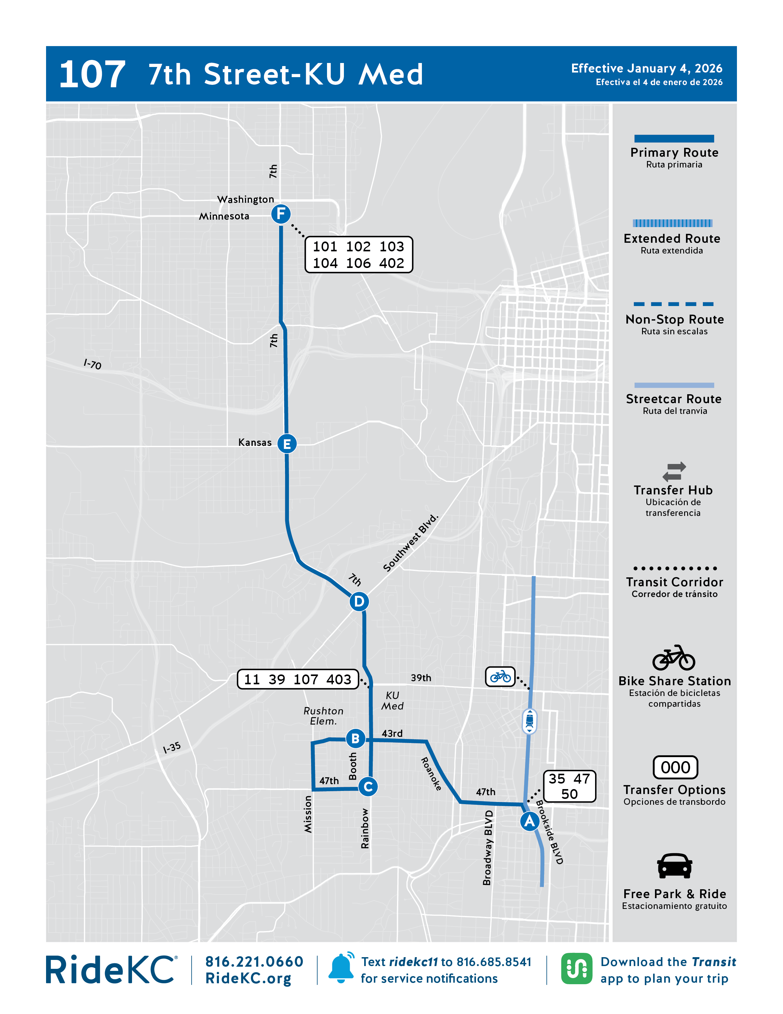 107 route map with service from 7th Street to KU Med, Country Club Plaza and KC Streetcar